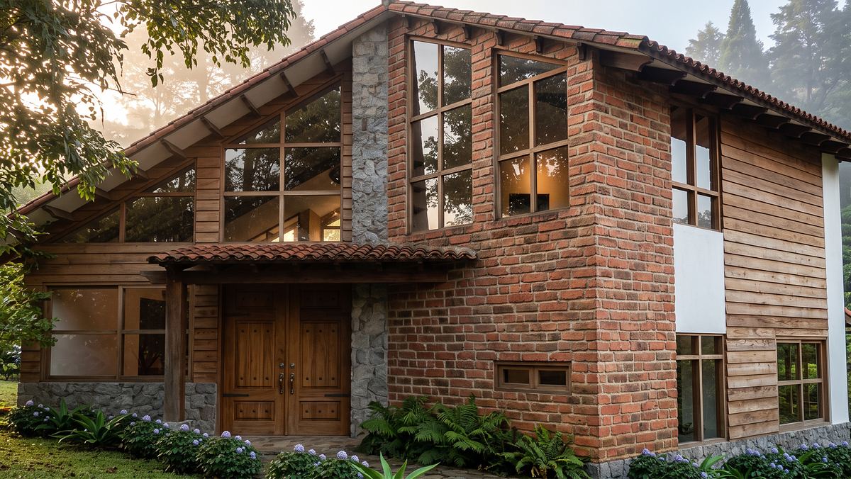 Fachada de ladrillo y madera con ventanales de doble altura y puerta principal de madera