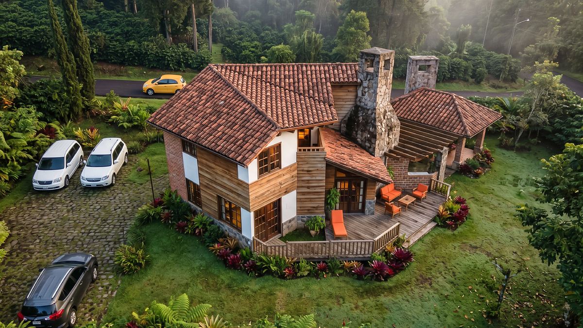 Vista aérea de la casa, sus terrazas, jardines y estacionamiento empedrado