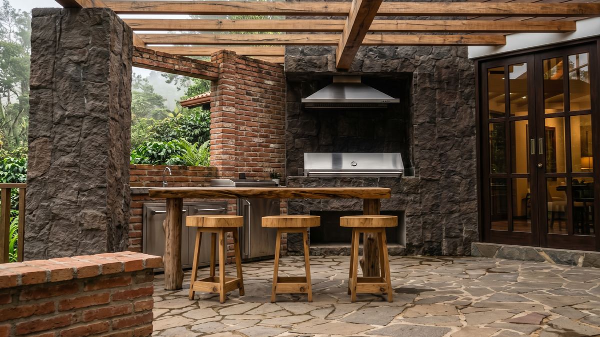 Cocina exterior con asador, barra de madera y piso de piedra bajo pérgola