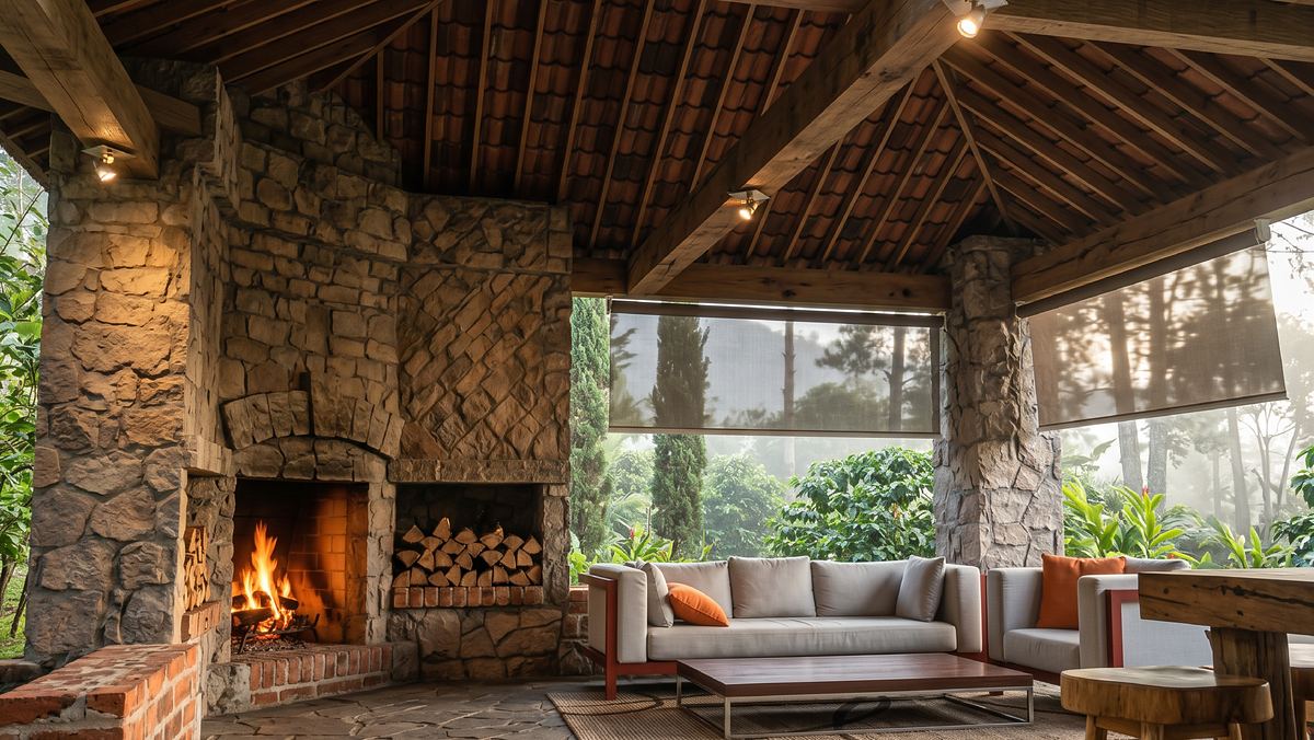 Sala exterior techada con chimenea de piedra y vista al bosque