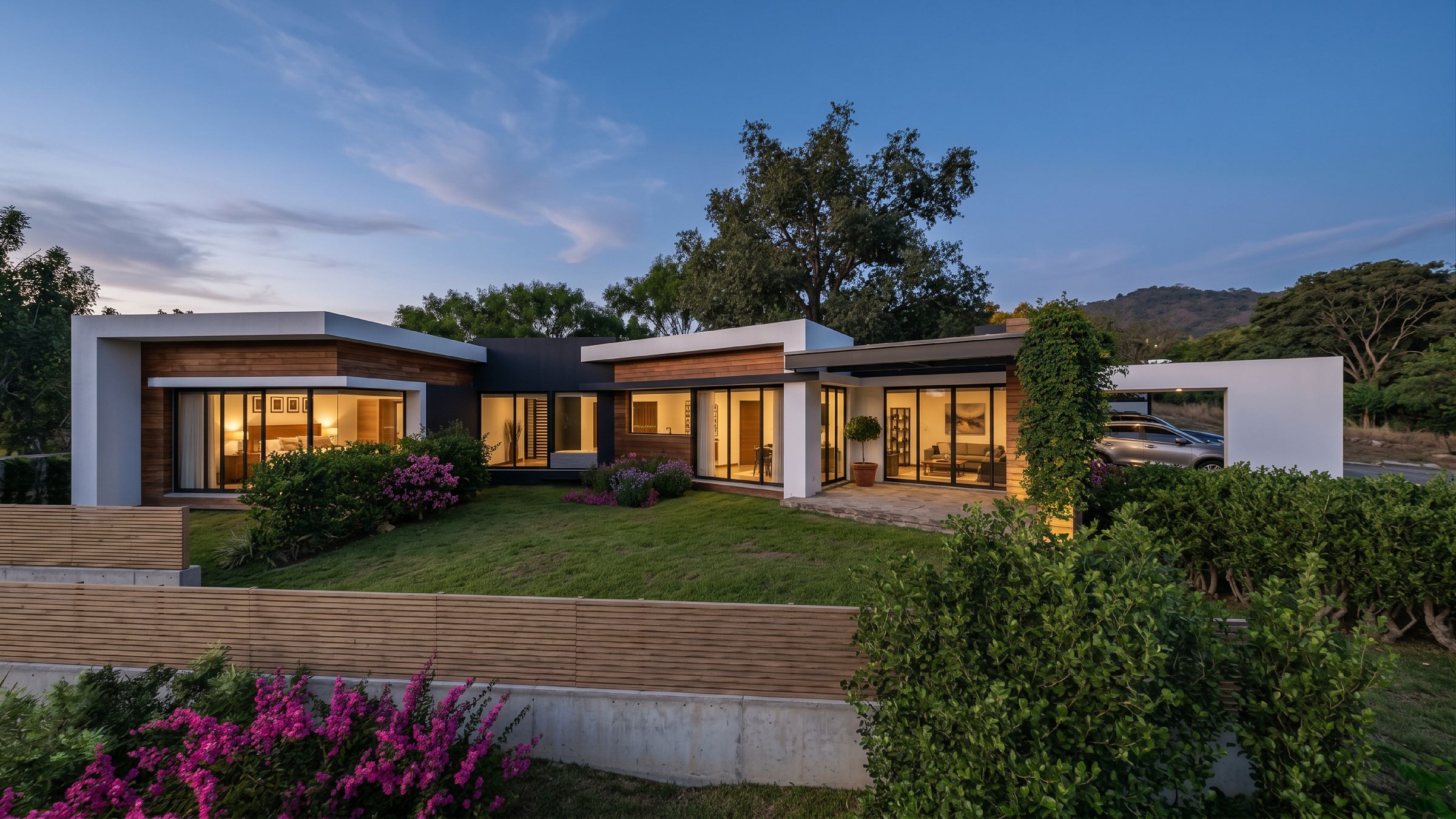 Casa El Encanto al atardecer: volúmenes blancos con madera, grandes ventanales y jardín frontal