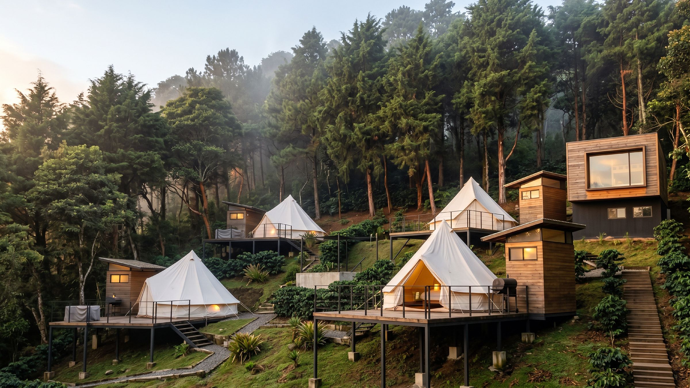 Vista del complejo glamping en Apaneca: tiendas sobre plataformas y cabañas de madera en la ladera del bosque