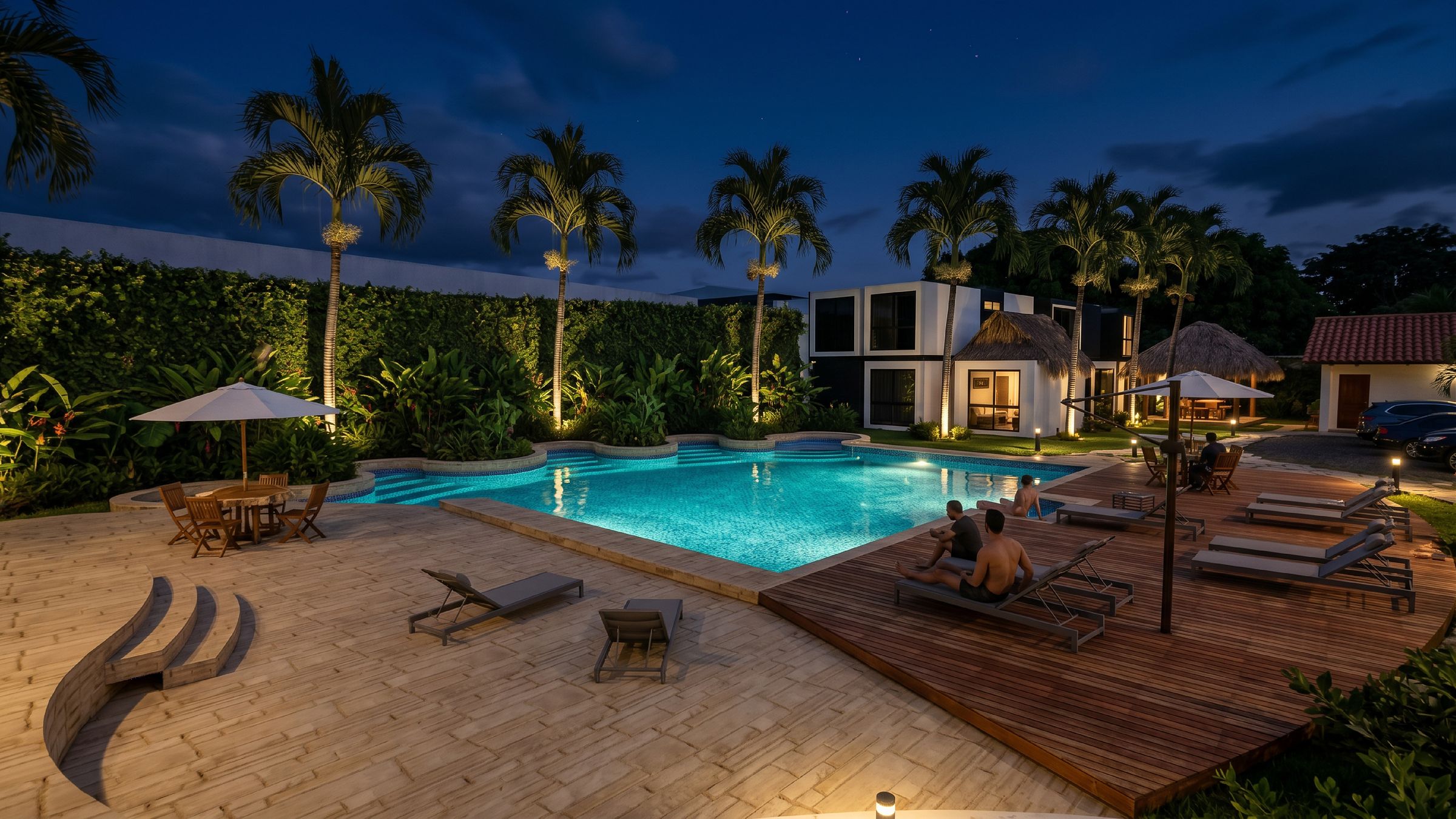 Complejo modular de playa en Majahual al anochecer: piscina, deck de madera, palmeras y módulos de alojamiento