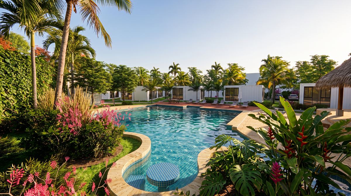 Piscina de formas orgánicas rodeada de jardín tropical