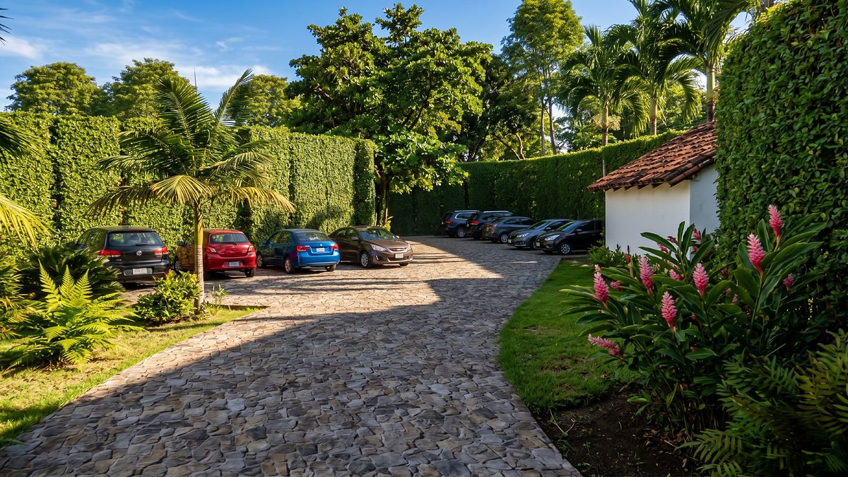 Acceso empedrado y estacionamiento rodeado de vegetación