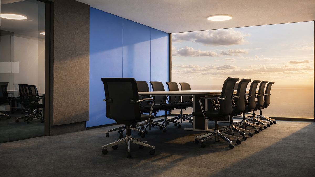 Sala de juntas con muro de vidrio y vista al atardecer