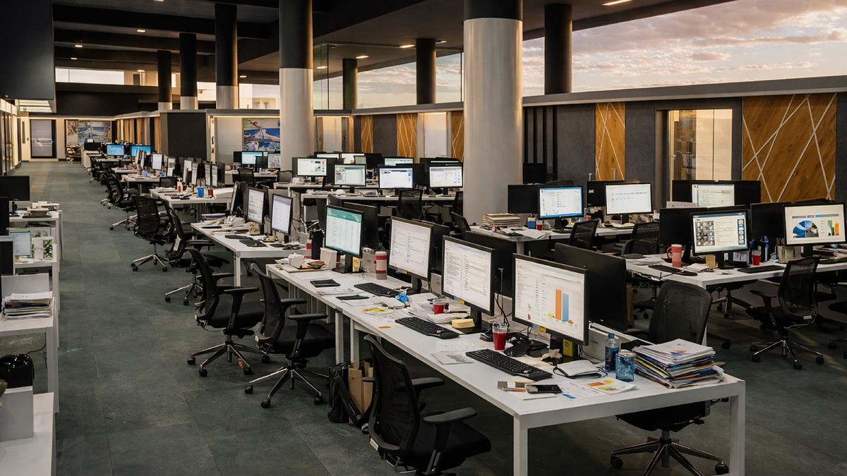 Planta abierta de trabajo con estaciones y vista a la ciudad